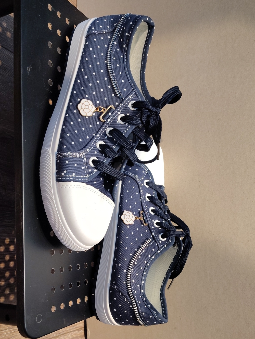 New, Never Worn. Navy Polka Dot Lace-Up Sneakers with Flower Charm - Picture 1 of 5